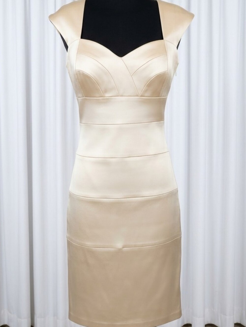 Jax Satin Champagne Cap Sleeve Structured Midi Dress